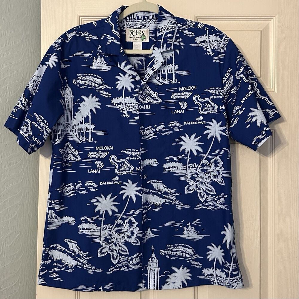 KY's Hawaiian Shirt Size Medium Blue White Cotton Button Down Short Sleeve